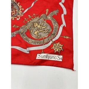 Vintage Sunkyung SA Red Heraldic Crest Silk Scarf 34" Square Equestrian Style